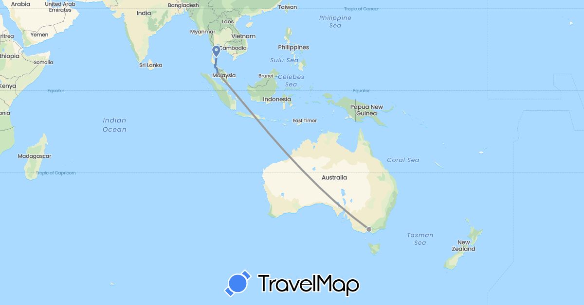TravelMap itinerary: driving, plane, cycling in Australia, Malaysia, Thailand (Asia, Oceania)